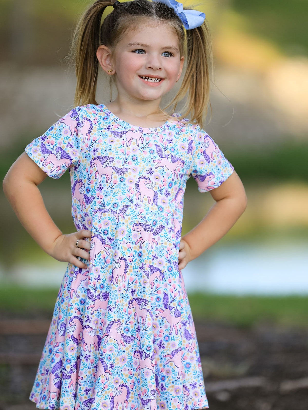 Unicorn Floral Print Girls Short Sleeve Twirl Dress - Rylee Faith Designs - Flyclothing LLC