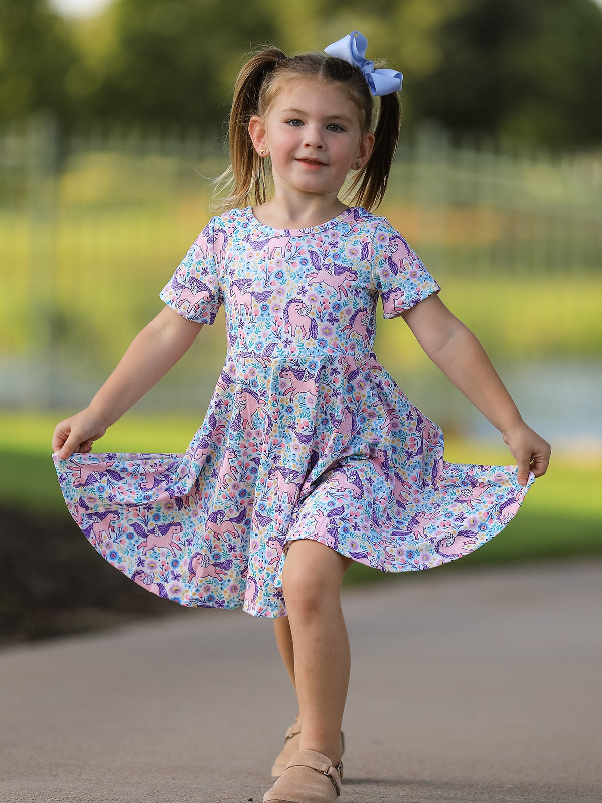 Unicorn Floral Print Girls Short Sleeve Twirl Dress - Rylee Faith Designs - Flyclothing LLC