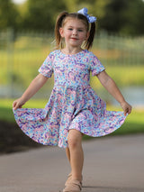 Unicorn Floral Print Girls Short Sleeve Twirl Dress - Rylee Faith Designs - Flyclothing LLC