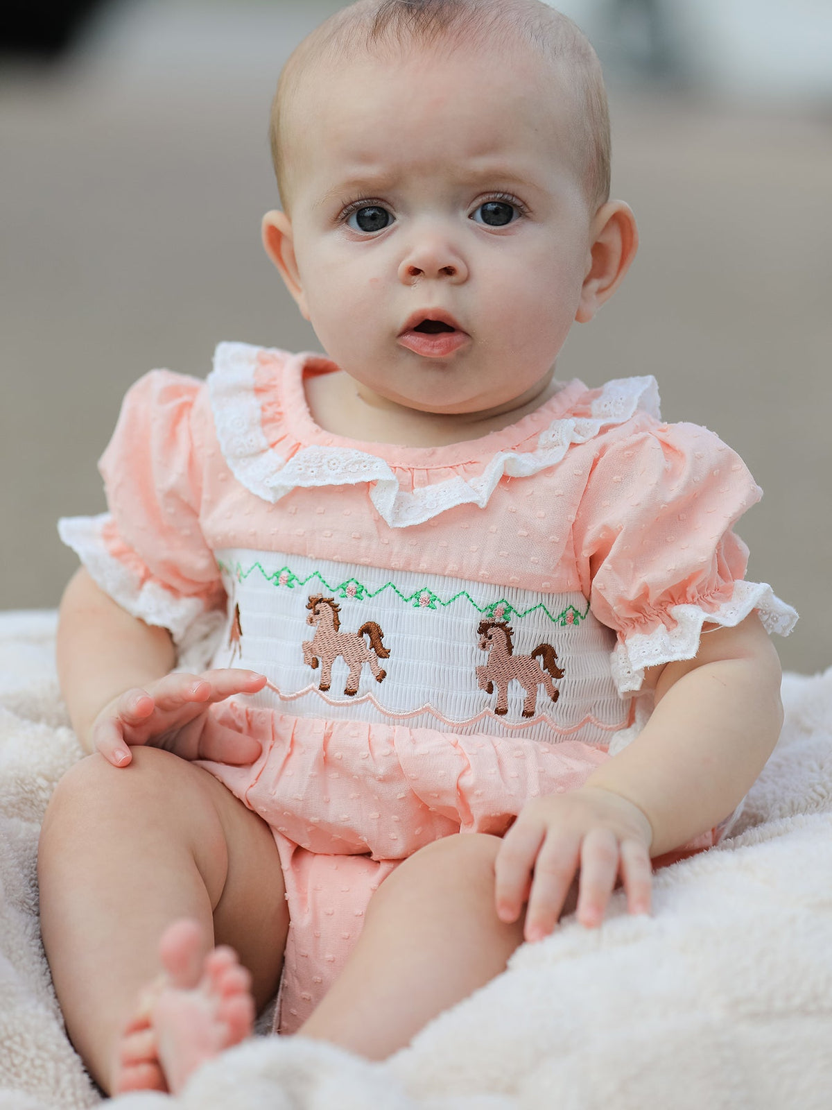 Western Horse Embroidery Girls Romper Lace Petals Collar Puff Sleeve - Rylee Faith Designs - Flyclothing LLC