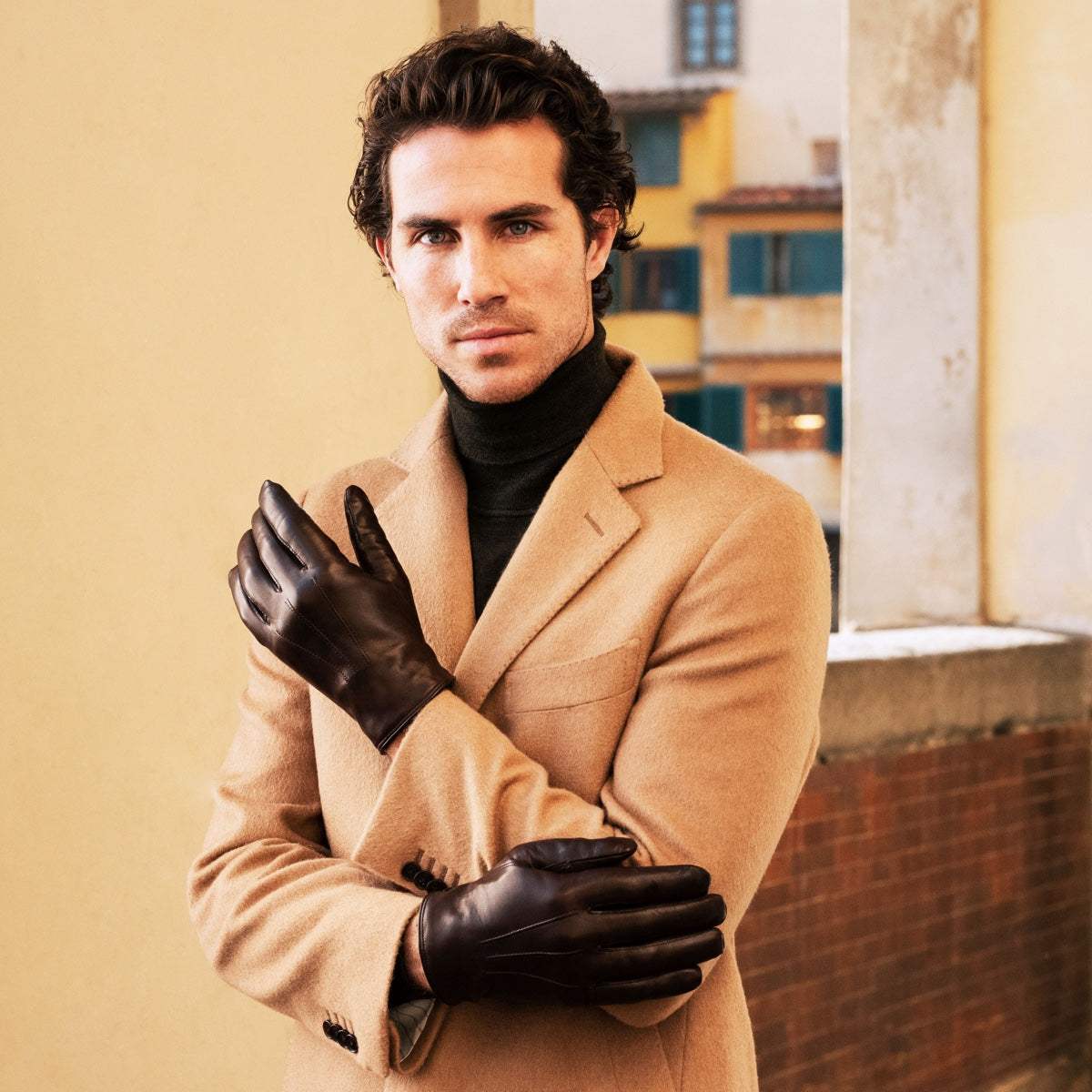 Marco (brown) - Italian lambskin leather gloves with white rabbit fur lining