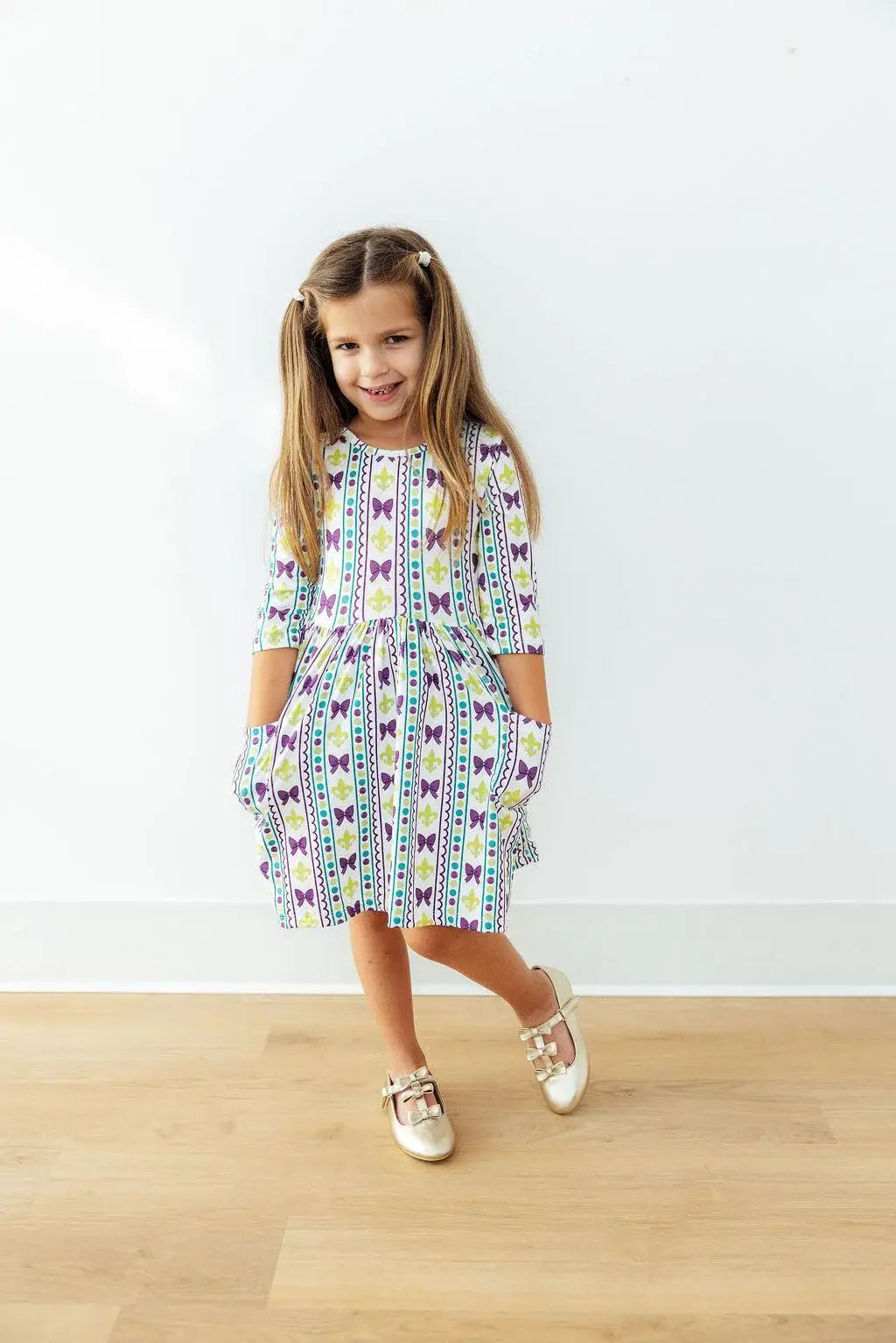 Mardi Gras 3/4 Sleeve Pocket Twirl Dress - Mila & Rose ® - Flyclothing LLC