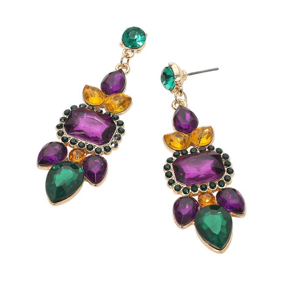 Gold Mardi Gras Glass Stone Cluster Drop Evening Earrings - Madeline Love - Flyclothing LLC
