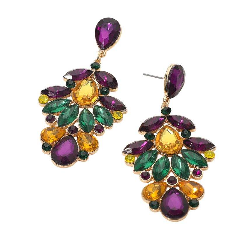 Mardi Gras Glass Stone Cluster Drop Evening Earrings - Madeline Love - Flyclothing LLC