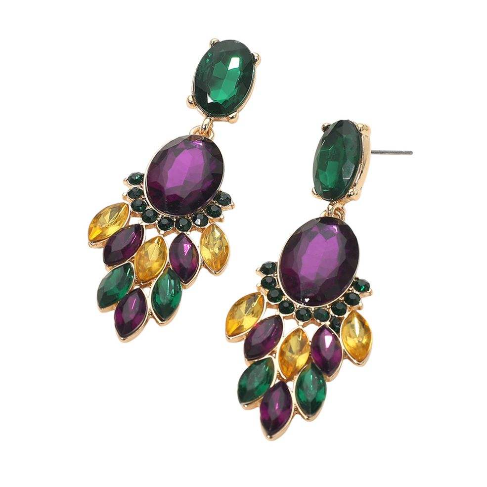 Mardi Gras Oval Stone Center Marquise Stone Cluster Link Drop Evening Earrings - Madeline Love - Flyclothing LLC