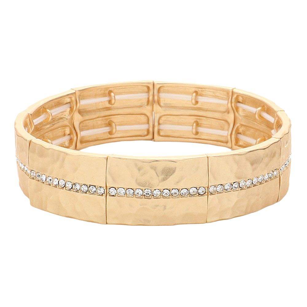 Stone Paved Line Center Pointed Hammered Metal Stretch Bracelet - Madeline Love - Flyclothing LLC