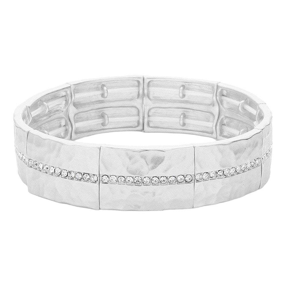 Stone Paved Line Center Pointed Hammered Metal Stretch Bracelet - Madeline Love - Flyclothing LLC