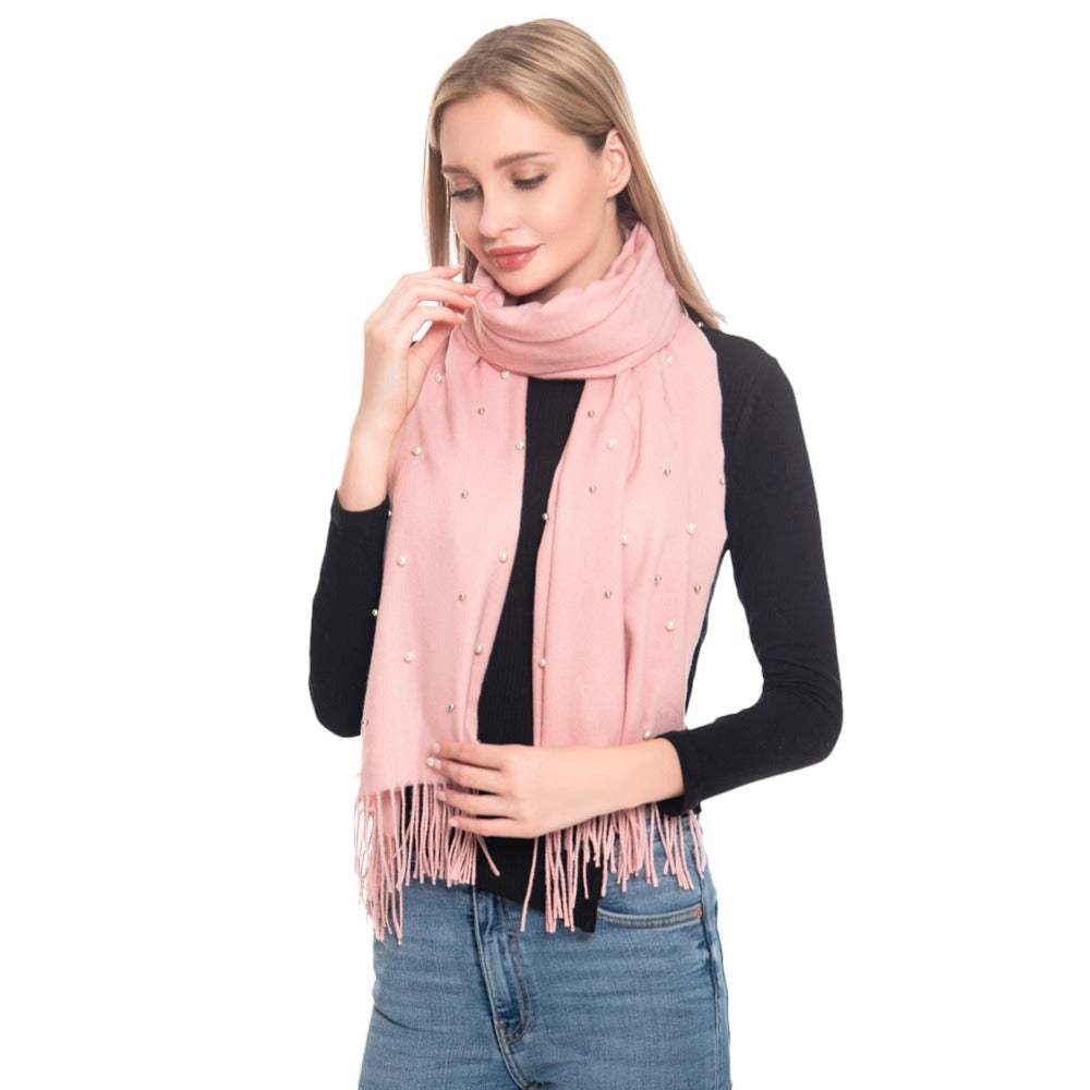 Pearl Embellished Solid Oblong Scarf - Madeline Love - Flyclothing LLC