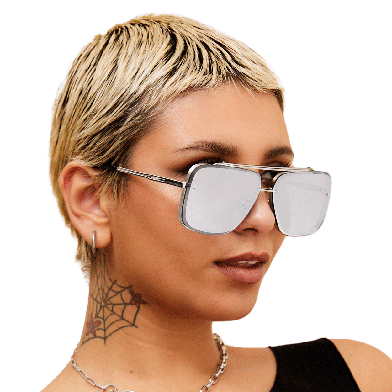 Bella -Tangle Free- Chrome Silver Oversized Squared Aviators - TopFoxx - Flyclothing LLC