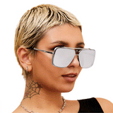 Bella -Tangle Free- Chrome Silver Oversized Squared Aviators - TopFoxx - Flyclothing LLC