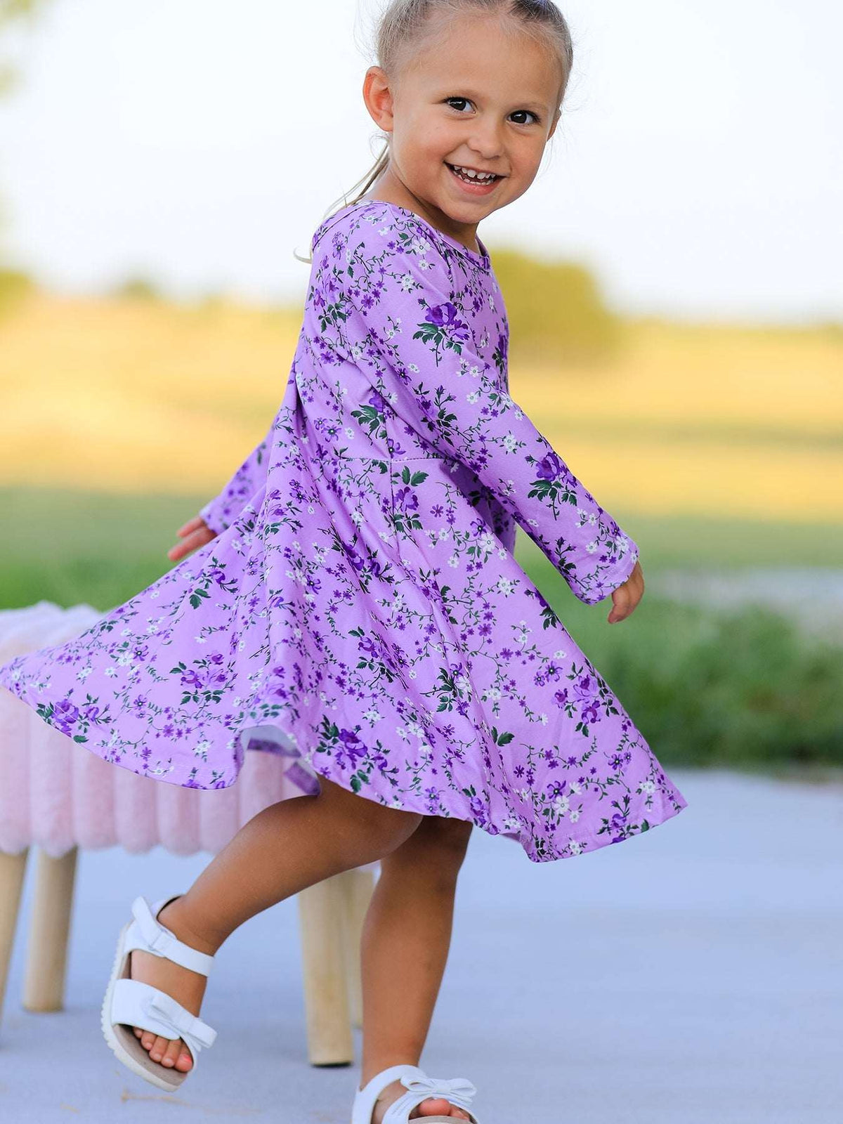 Fall Lavender Floral Print Girls Long Sleeve Twirl Dress