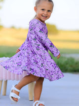 Fall Lavender Floral Print Girls Long Sleeve Twirl Dress