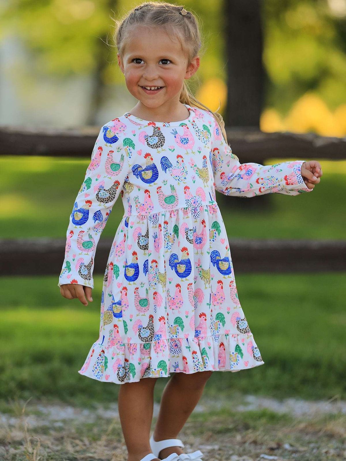 Fall Farm Chicken Print Girls Ruffle Hem Twirl Dress - Rylee Faith Designs - Flyclothing LLC