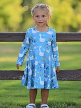 Fall Goose Print Girls Long Sleeve Twirl Dress