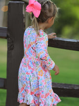 Fall Butterfly Floral Print Girls Ruffle Hem Twirl Dress - Rylee Faith Designs - Flyclothing LLC