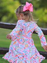 Fall Butterfly Floral Print Girls Ruffle Hem Twirl Dress - Rylee Faith Designs - Flyclothing LLC