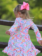Fall Butterfly Floral Print Girls Ruffle Hem Twirl Dress - Rylee Faith Designs - Flyclothing LLC