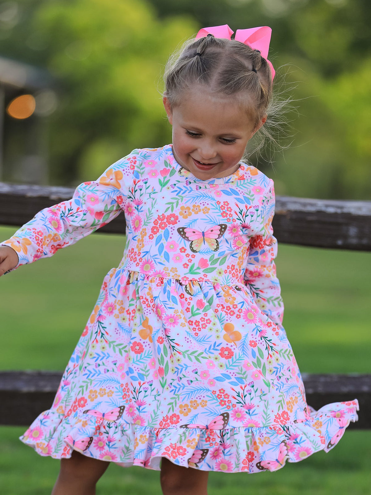 Fall Butterfly Floral Print Girls Ruffle Hem Twirl Dress - Rylee Faith Designs - Flyclothing LLC