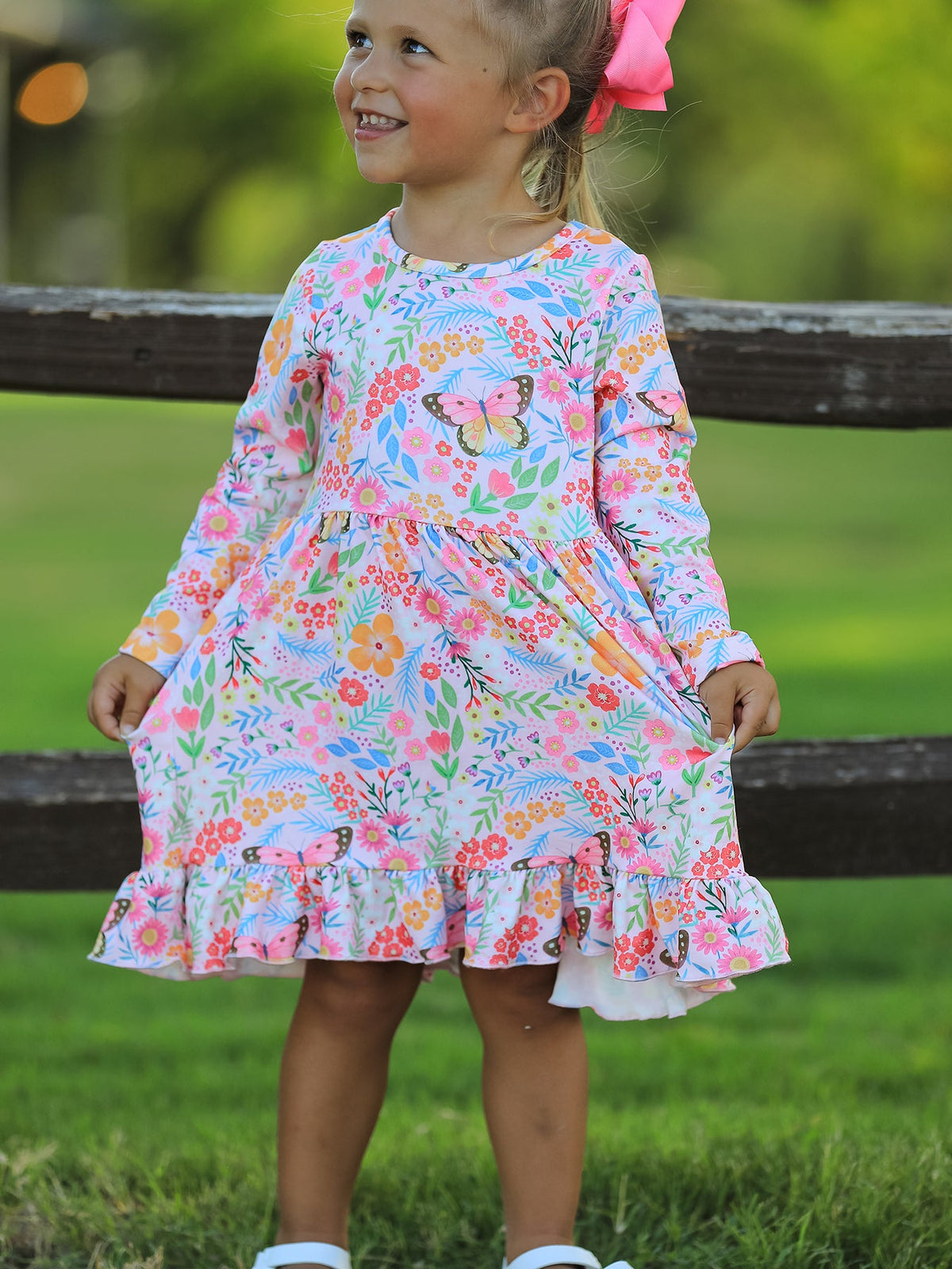 Fall Butterfly Floral Print Girls Ruffle Hem Twirl Dress - Rylee Faith Designs - Flyclothing LLC