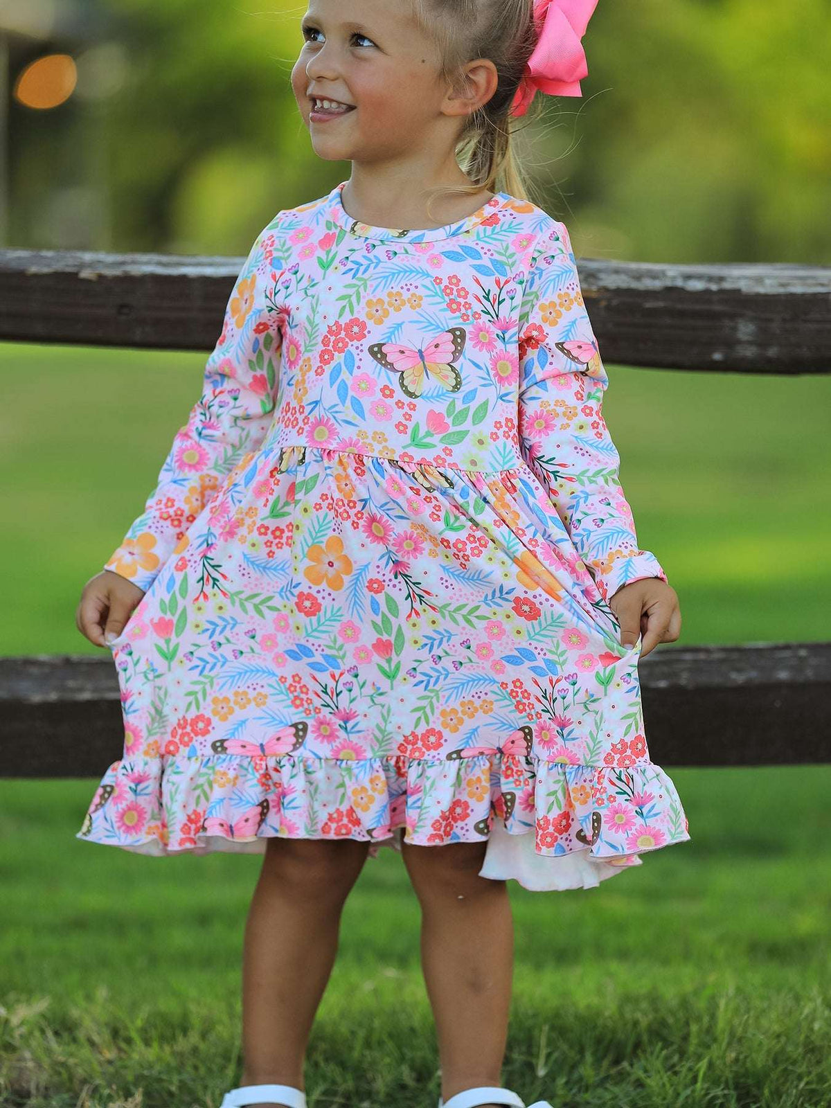 Fall Butterfly Floral Print Girls Ruffle Hem Twirl Dress - Rylee Faith Designs - Flyclothing LLC