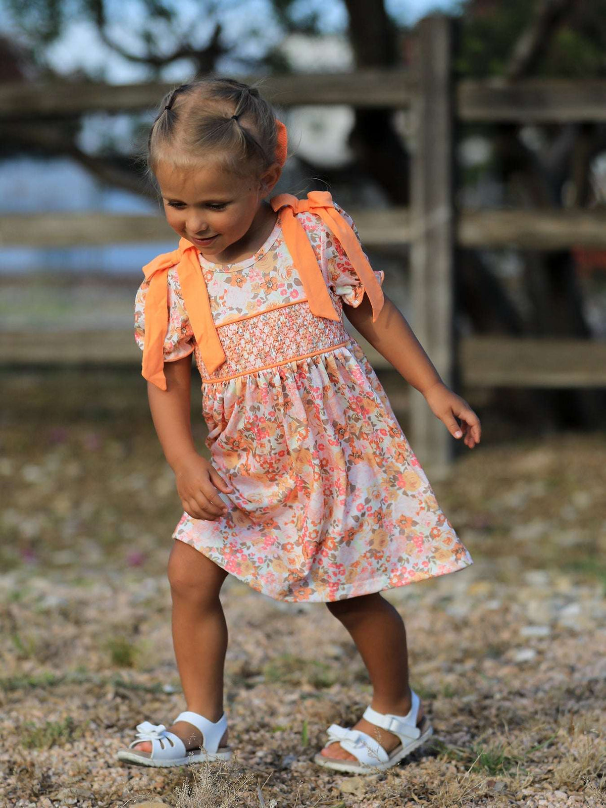 Peach Bow Smocked Floral Girl Dress