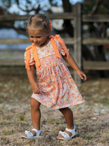 Peach Bow Smocked Floral Girl Dress