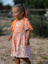 Peach Bow Smocked Floral Girl Dress