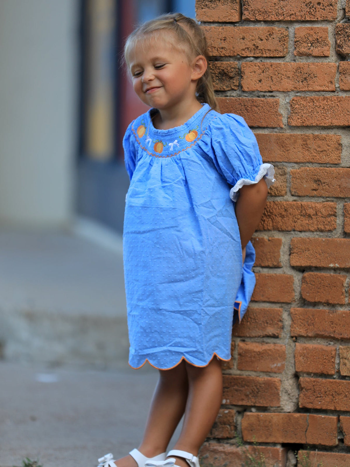 Blue Fall Thanksgiving&Halloween Pumpkin Smock Embroidery Lace Baby Girl Dress - Rylee Faith Designs - Flyclothing LLC