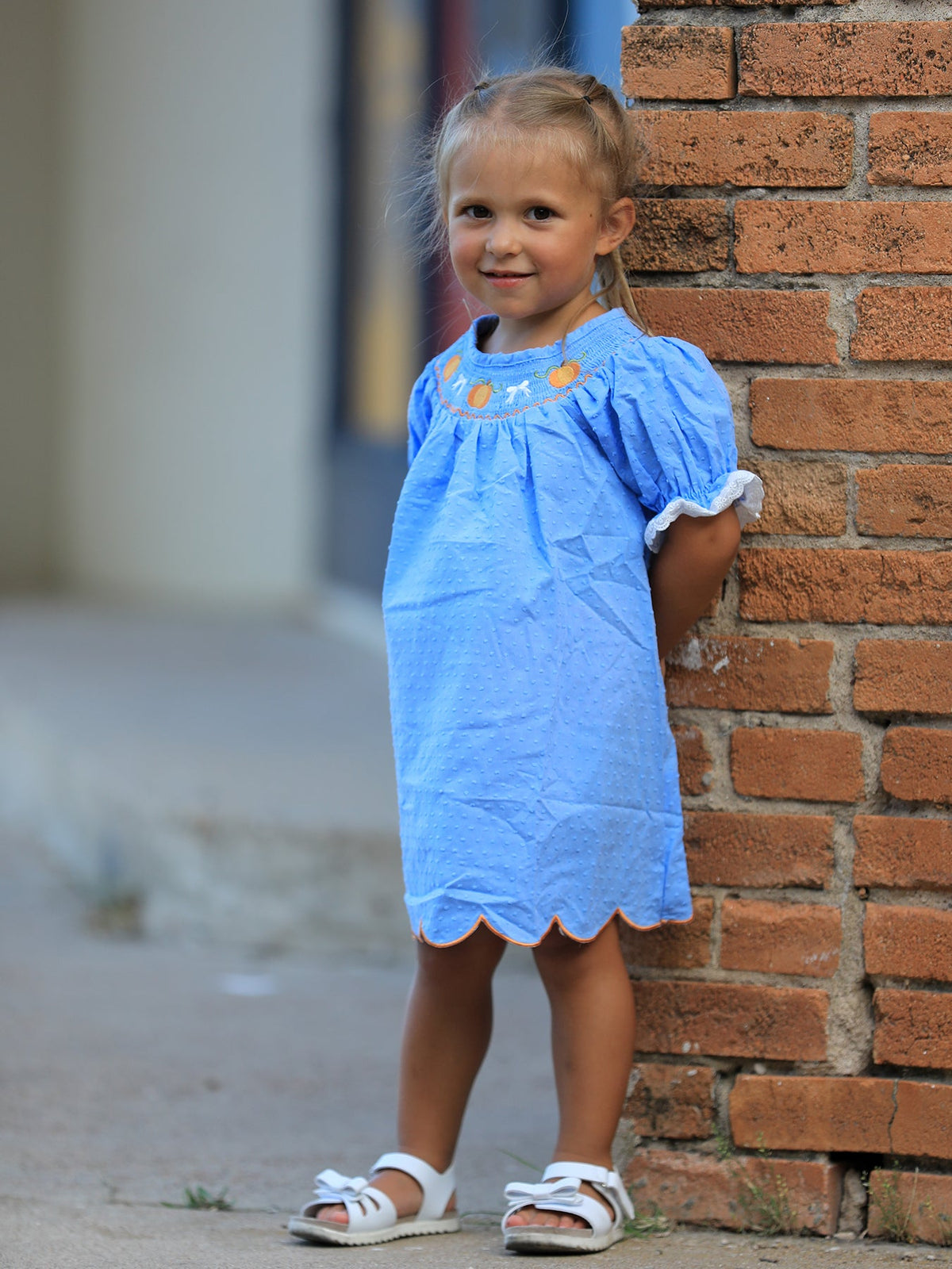 Blue Fall Thanksgiving&Halloween Pumpkin Smock Embroidery Lace Baby Girl Dress - Rylee Faith Designs - Flyclothing LLC