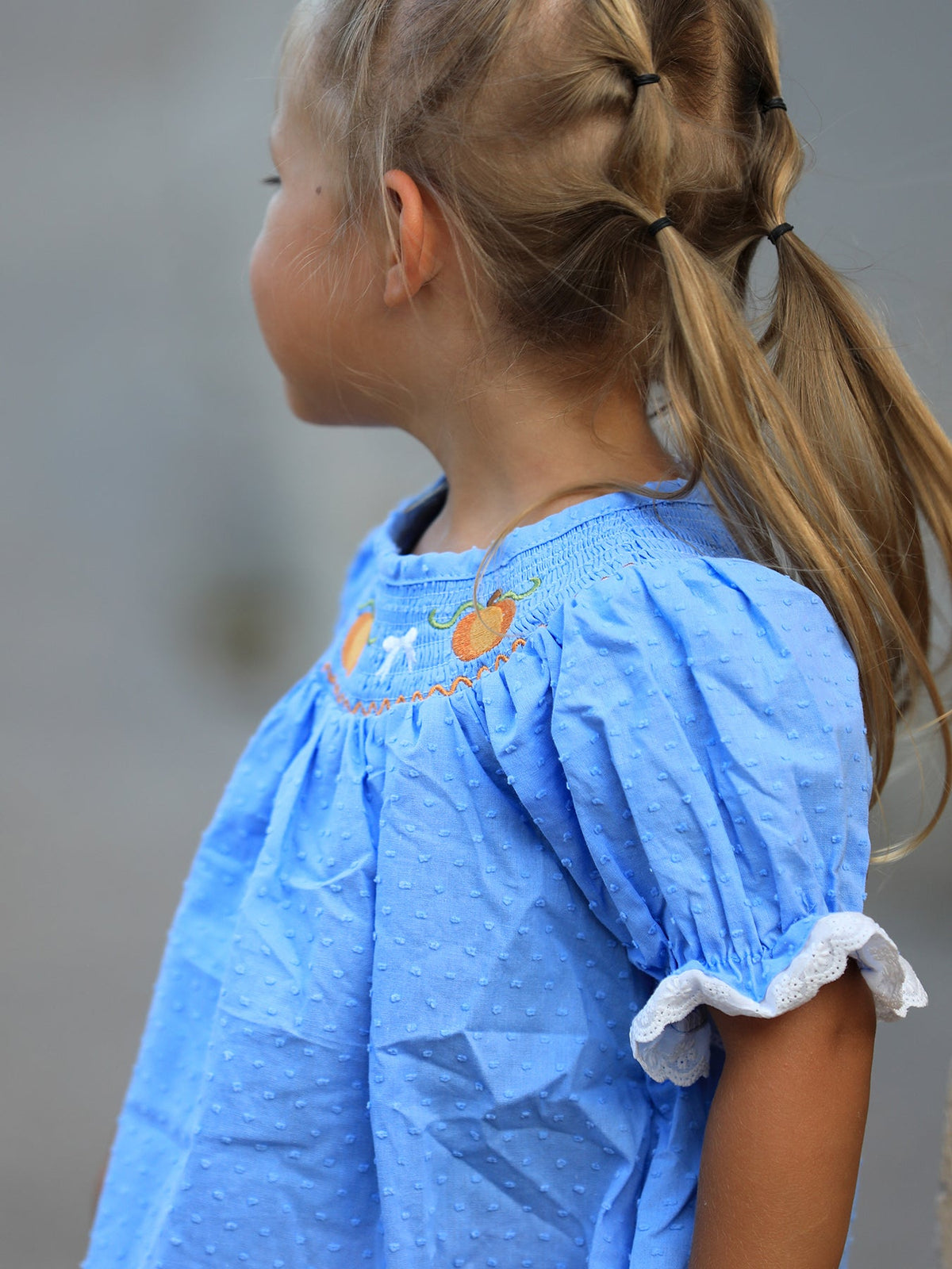 Blue Fall Thanksgiving&Halloween Pumpkin Smock Embroidery Lace Baby Girl Dress - Rylee Faith Designs - Flyclothing LLC