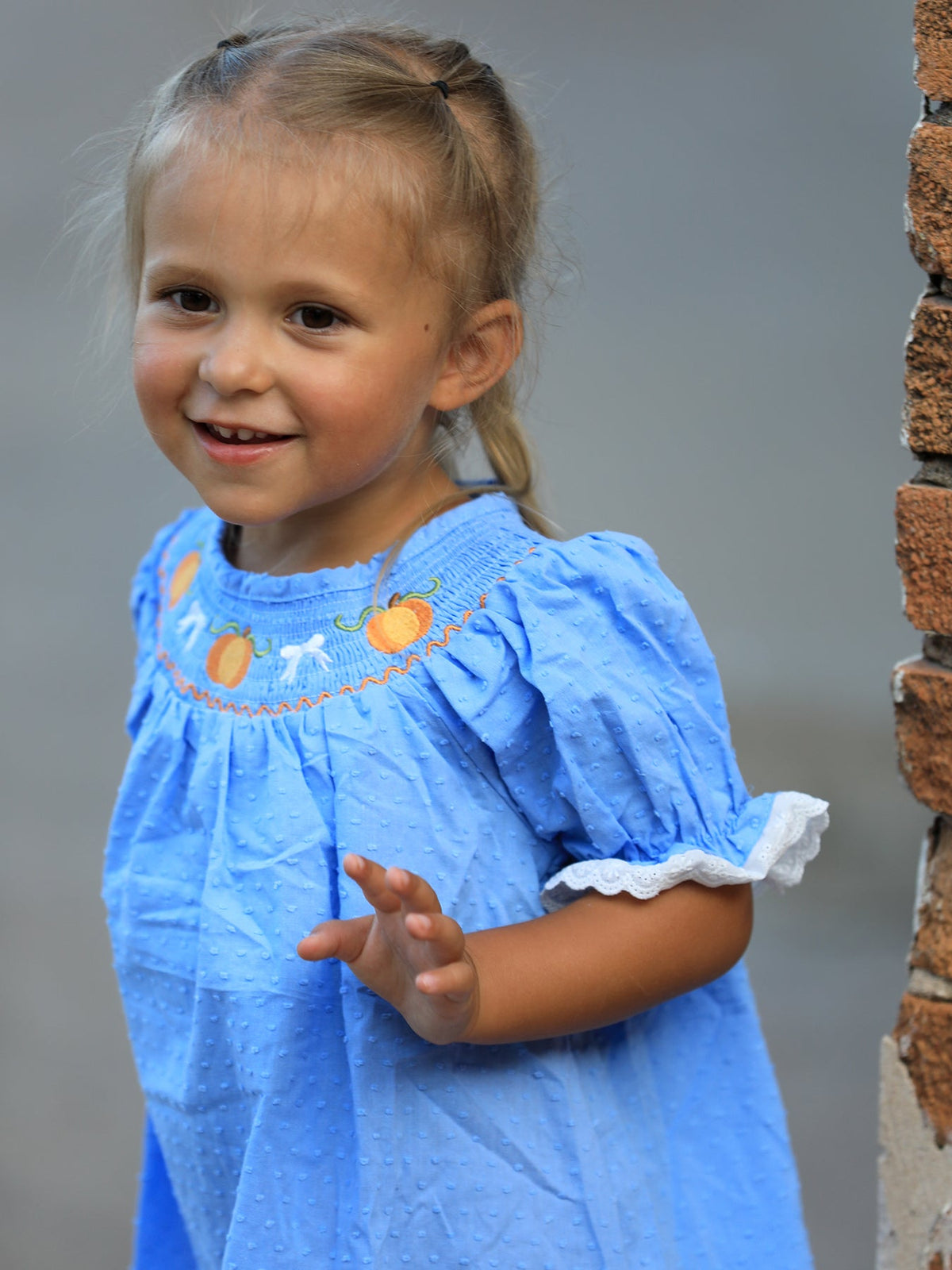 Blue Fall Thanksgiving&Halloween Pumpkin Smock Embroidery Lace Baby Girl Dress - Rylee Faith Designs - Flyclothing LLC