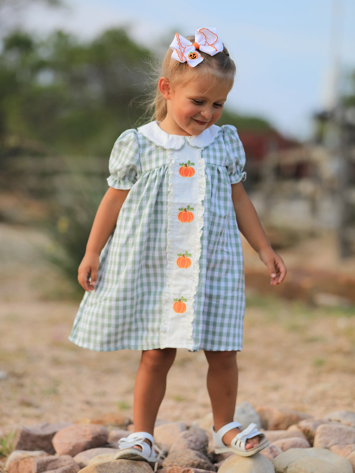 Fall Halloween & Thanksgiving Pumpkin Applique Plaid Green Girls Dress - Rylee Faith Designs - Flyclothing LLC