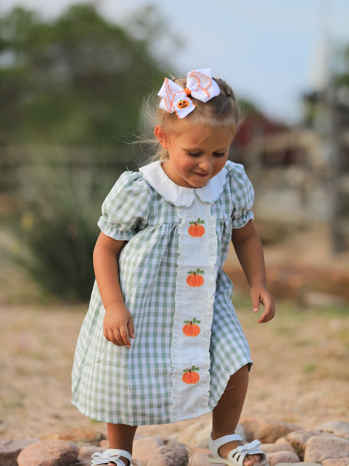 Fall Halloween & Thanksgiving Pumpkin Applique Plaid Green Girls Dress - Rylee Faith Designs - Flyclothing LLC