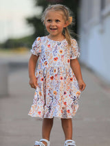 Fall Floral Puff Sleeve Ruffle Girls Dress
