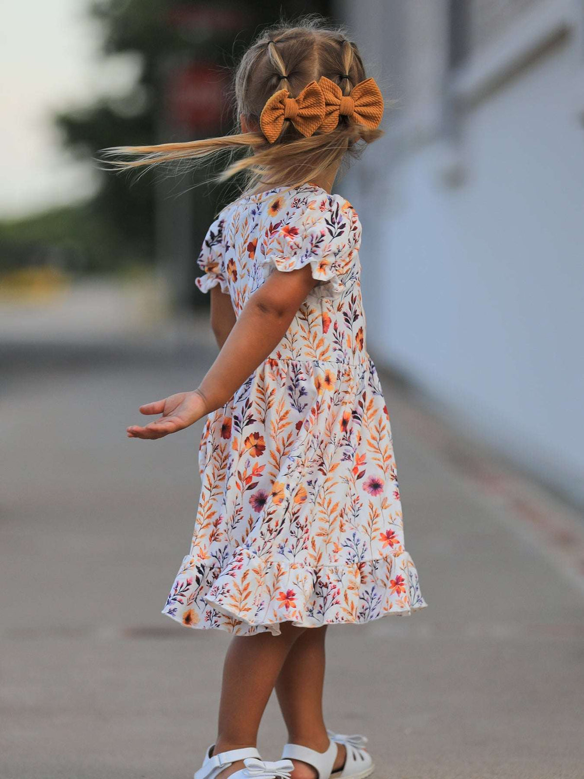 Fall Floral Puff Sleeve Ruffle Girls Dress