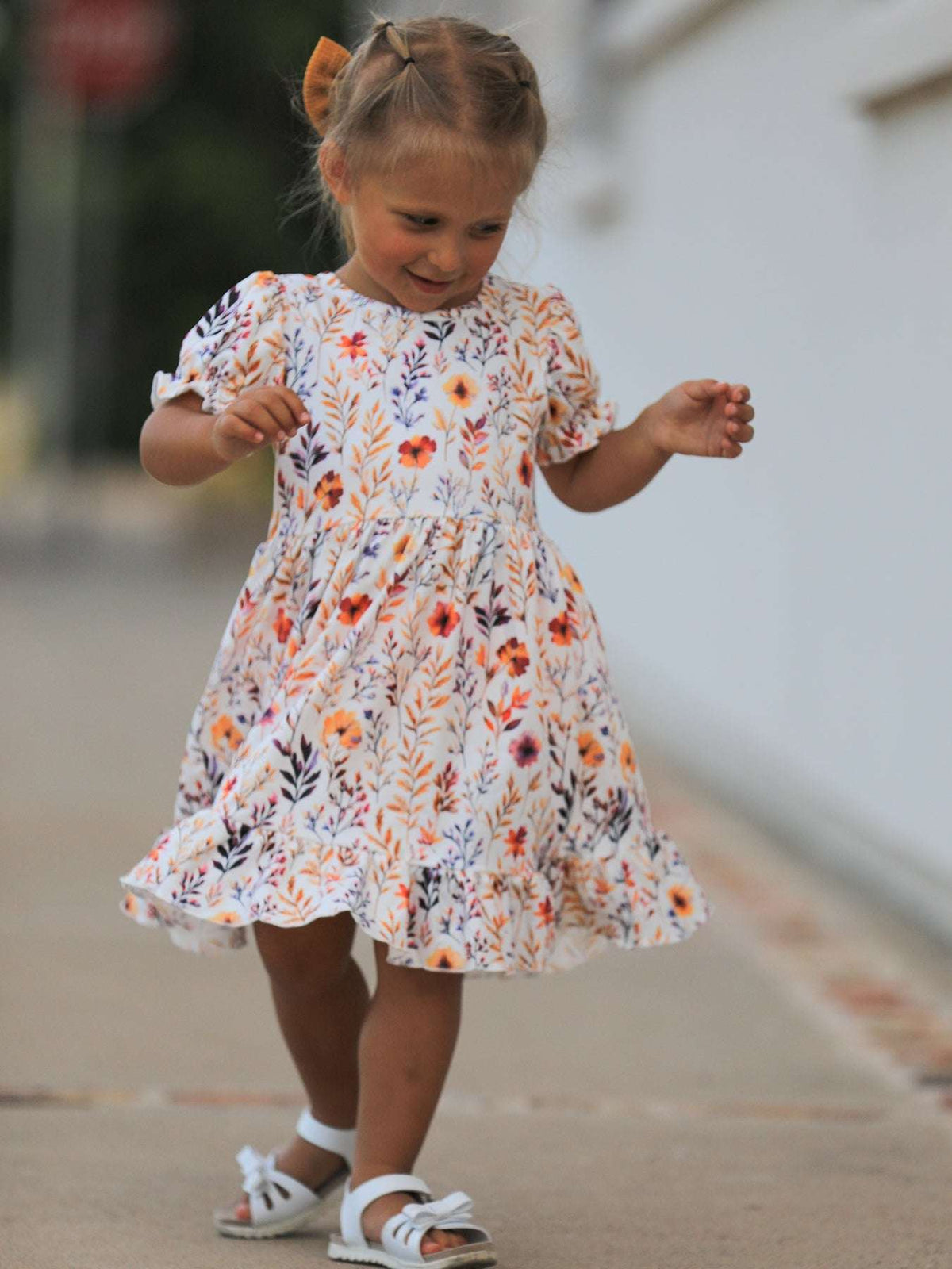 Fall Floral Puff Sleeve Ruffle Girls Dress