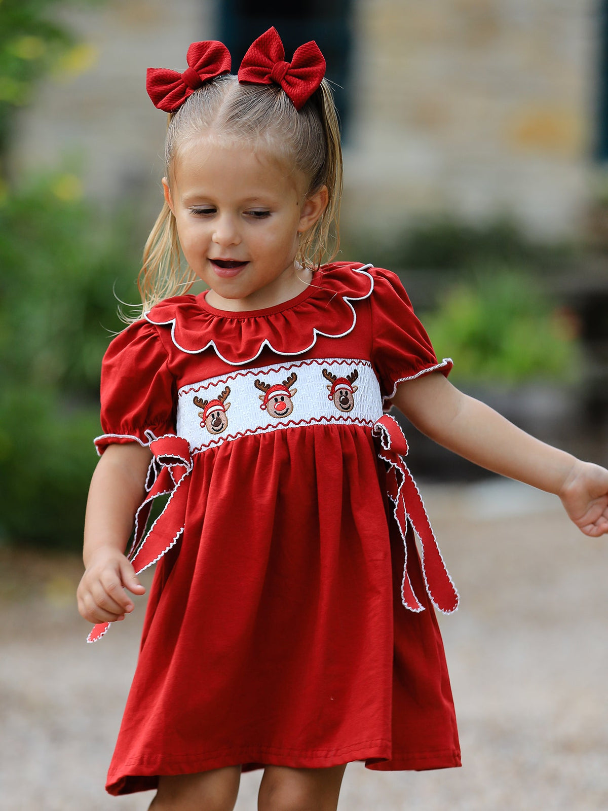 Girls Christmas Reindeer Smocked Red Bow Dress - Rylee Faith Designs - Flyclothing LLC