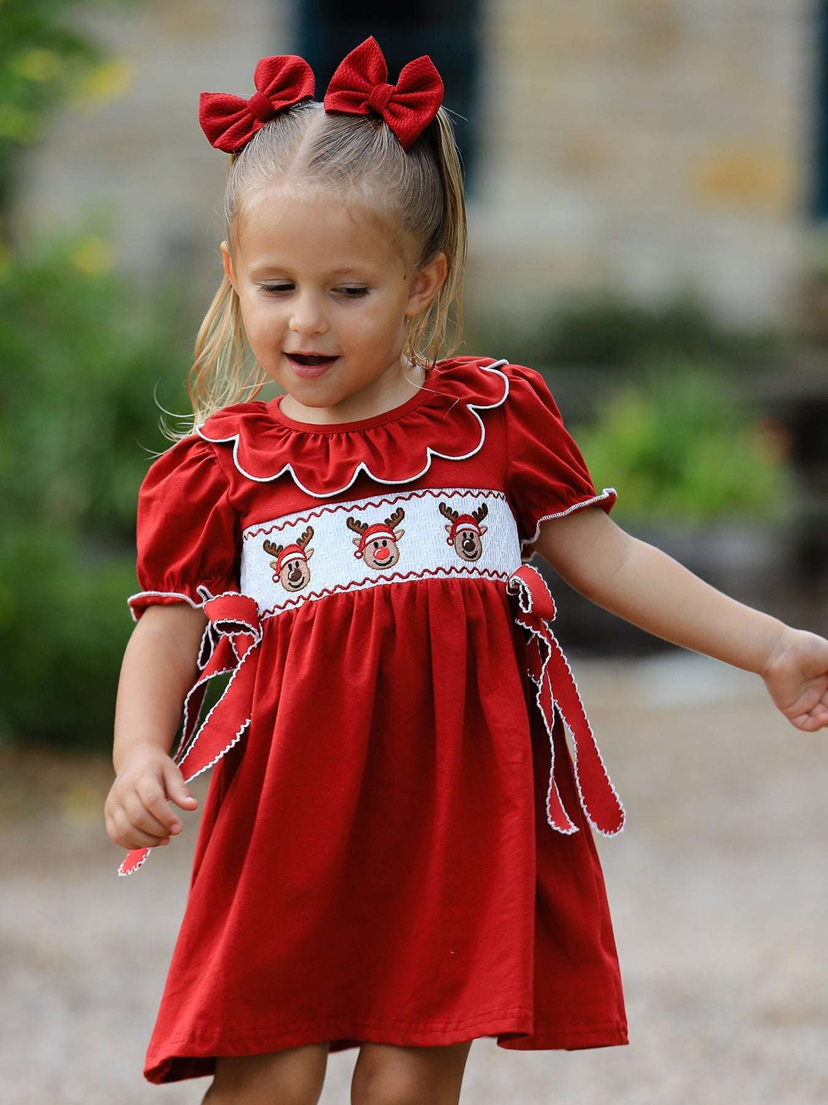 Girls Christmas Reindeer Smocked Red Bow Dress - Rylee Faith Designs - Flyclothing LLC