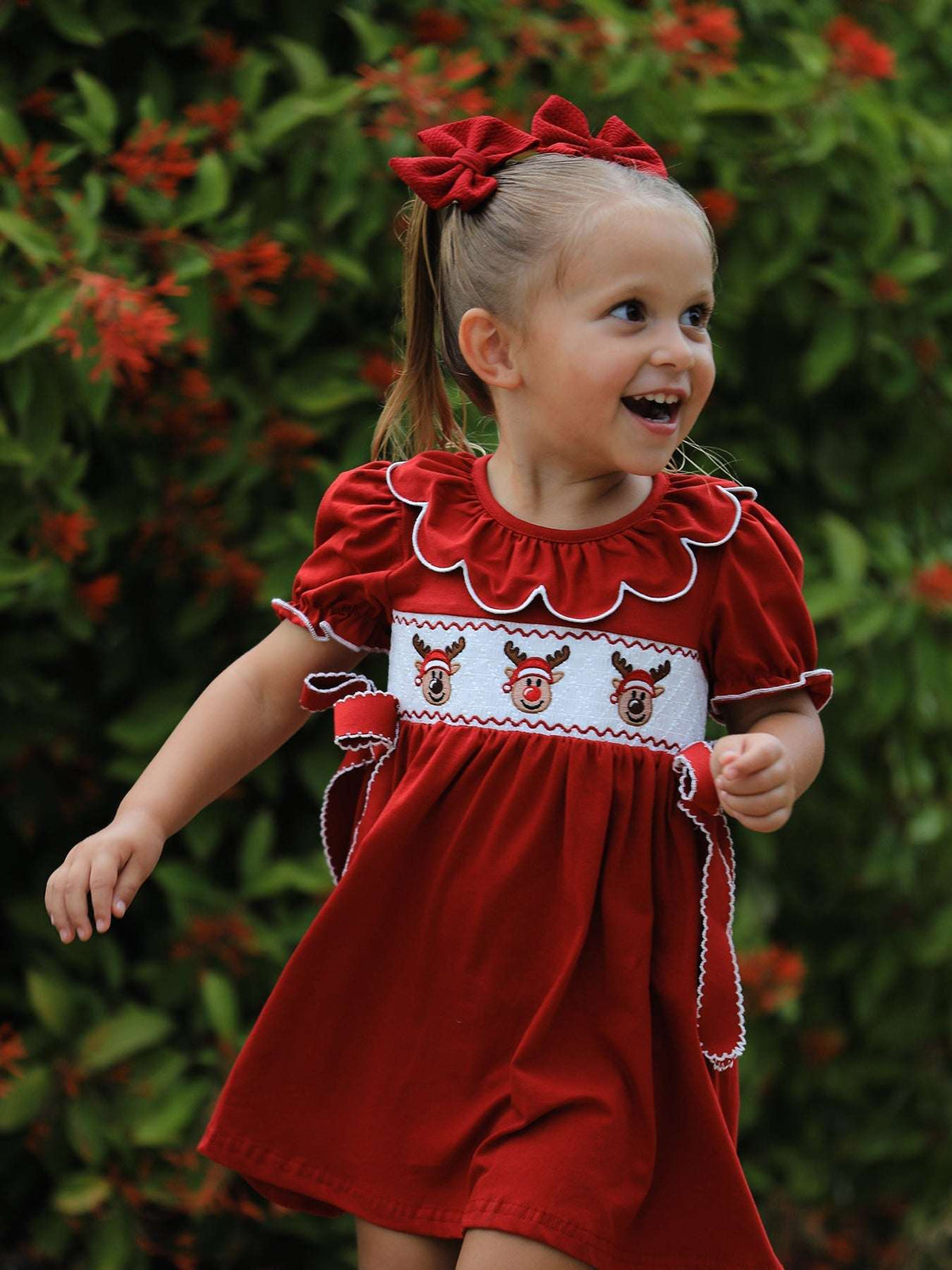 Girls Christmas Reindeer Smocked Red Bow Dress - Rylee Faith Designs - Flyclothing LLC