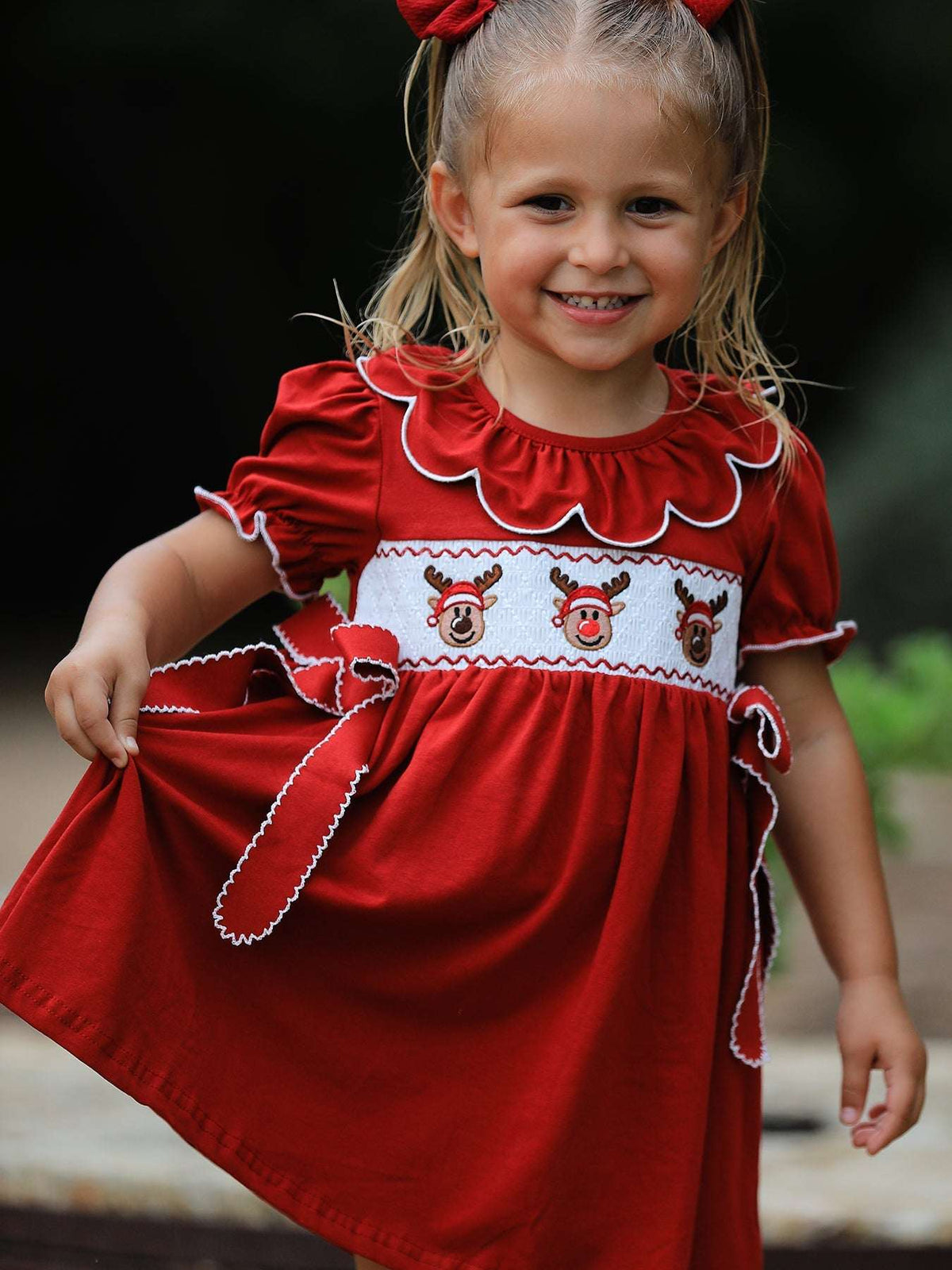 Girls Christmas Reindeer Smocked Red Bow Dress - Rylee Faith Designs - Flyclothing LLC