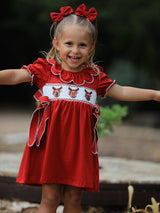Girls Christmas Reindeer Smocked Red Bow Dress - Rylee Faith Designs - Flyclothing LLC