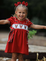 Girls Christmas Reindeer Smocked Red Bow Dress - Rylee Faith Designs - Flyclothing LLC