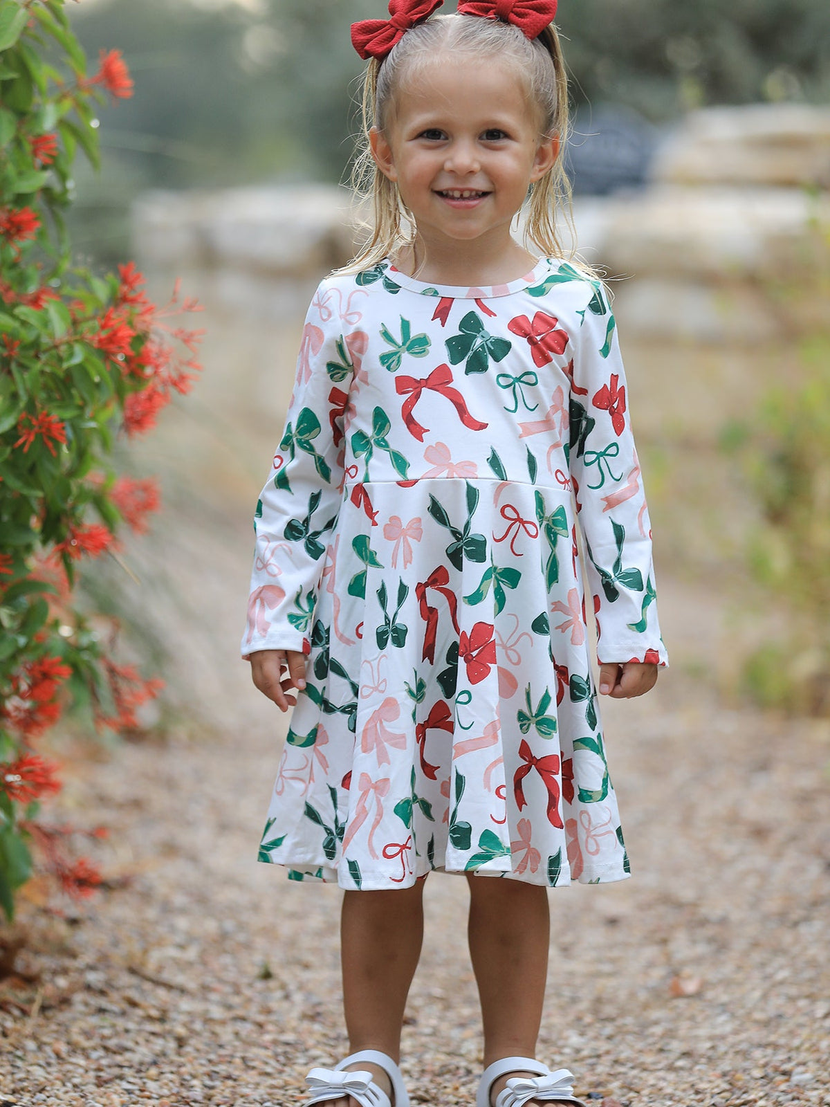 Girls Christmas Bow Print Dress - Rylee Faith Designs - Flyclothing LLC