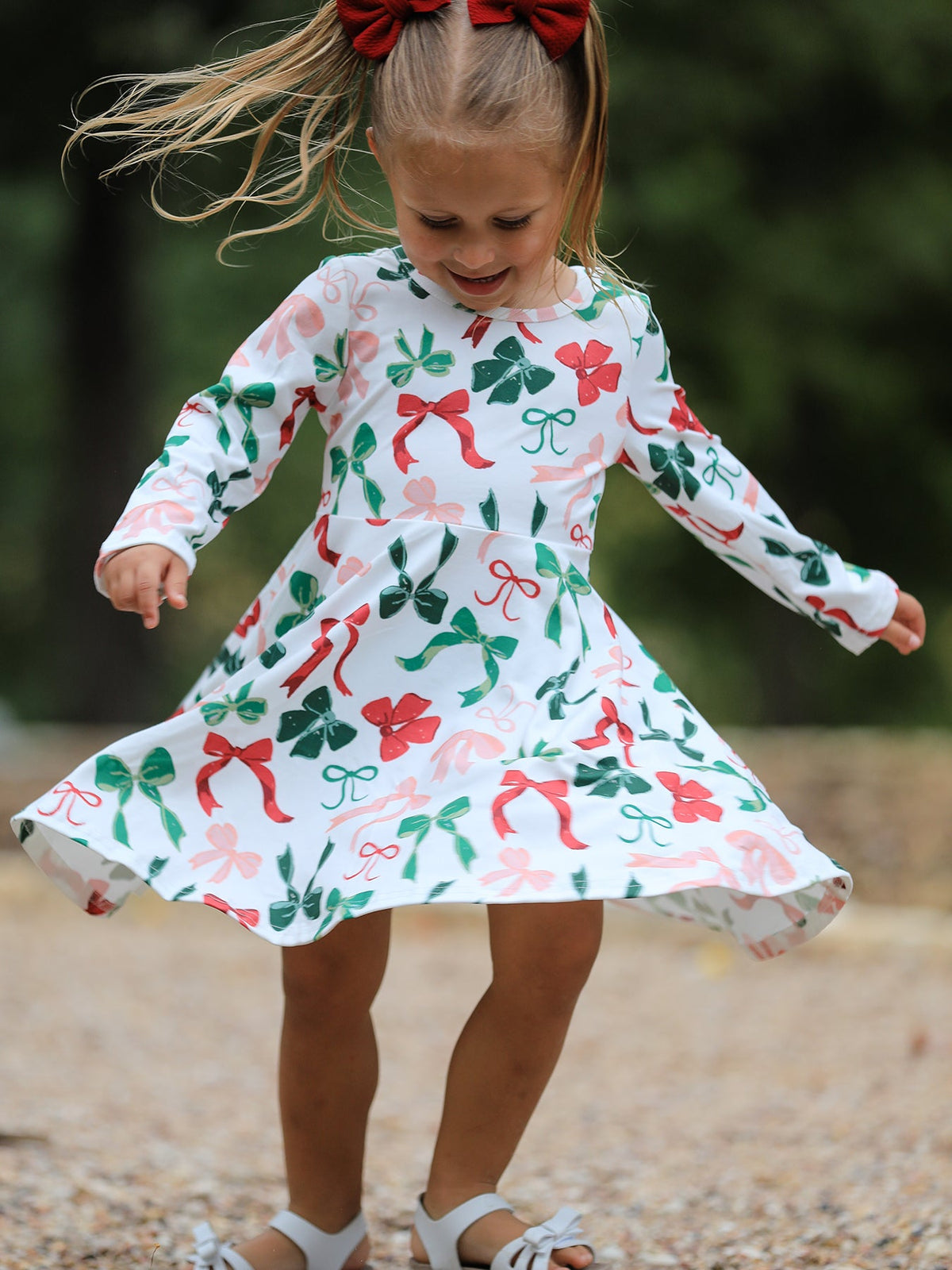 Girls Christmas Bow Print Dress - Rylee Faith Designs - Flyclothing LLC