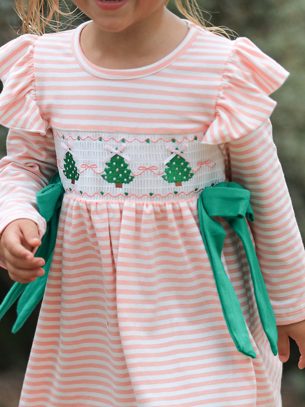Christmas Tree Smocked Embroidery Stripe Baby Girls Dress - Rylee Faith Designs - Flyclothing LLC