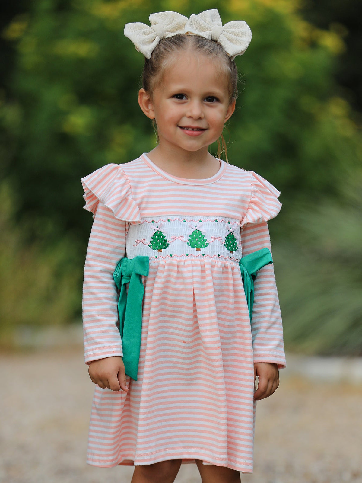 Christmas Tree Smocked Embroidery Stripe Baby Girls Dress - Rylee Faith Designs - Flyclothing LLC