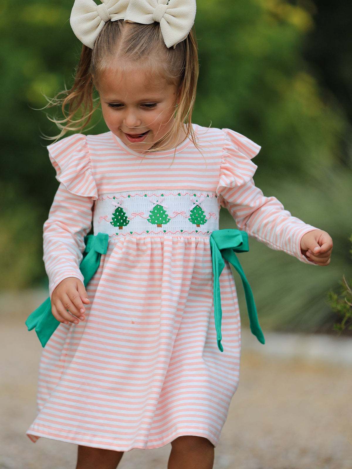Christmas Tree Smocked Embroidery Stripe Baby Girls Dress - Rylee Faith Designs - Flyclothing LLC