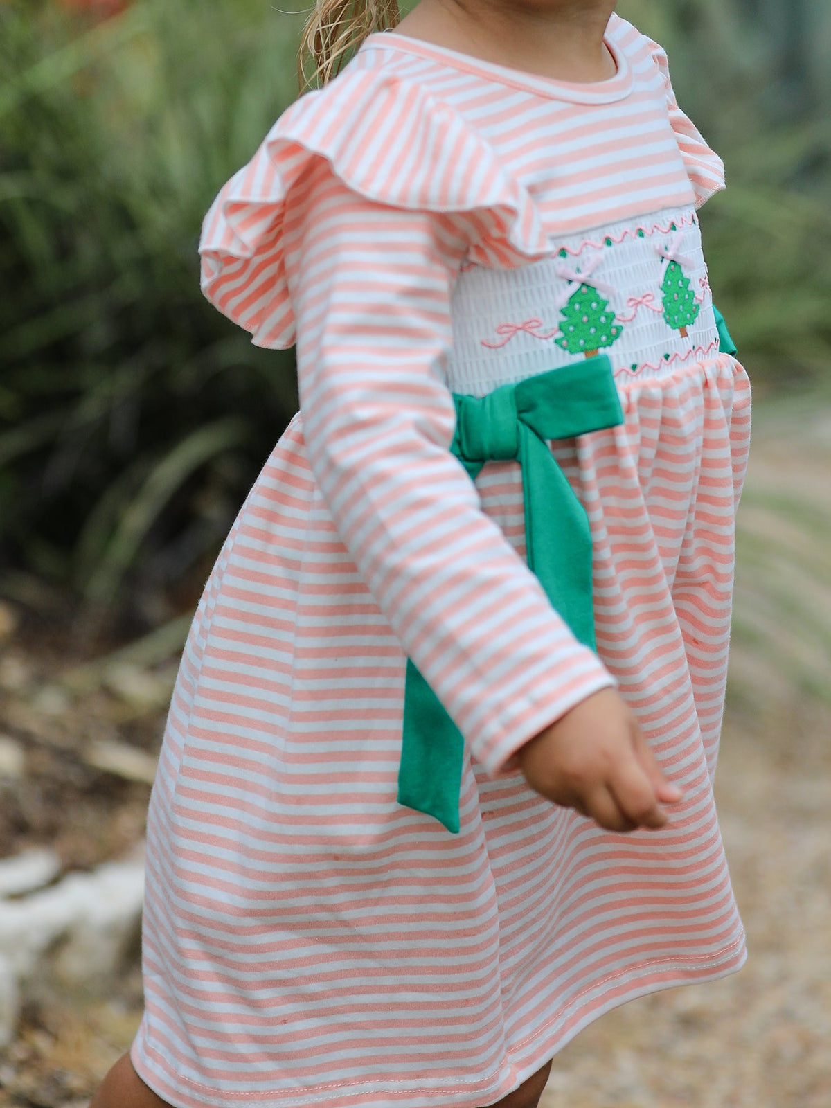 Christmas Tree Smocked Embroidery Stripe Baby Girls Dress - Rylee Faith Designs - Flyclothing LLC