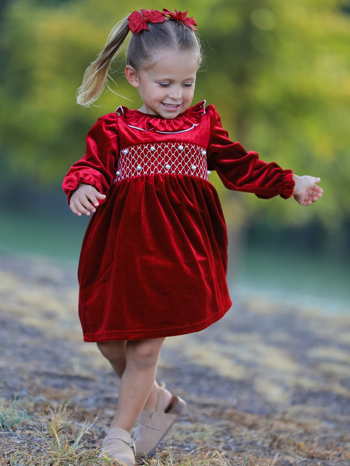 Christmas Velvet Smocked Girls Dress with Pearl Detail - Rylee Faith Designs - Flyclothing LLC