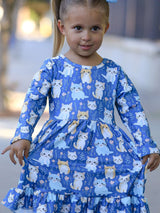 Fall Cat Print Girls Long Sleeve Ruffle Hem Dress